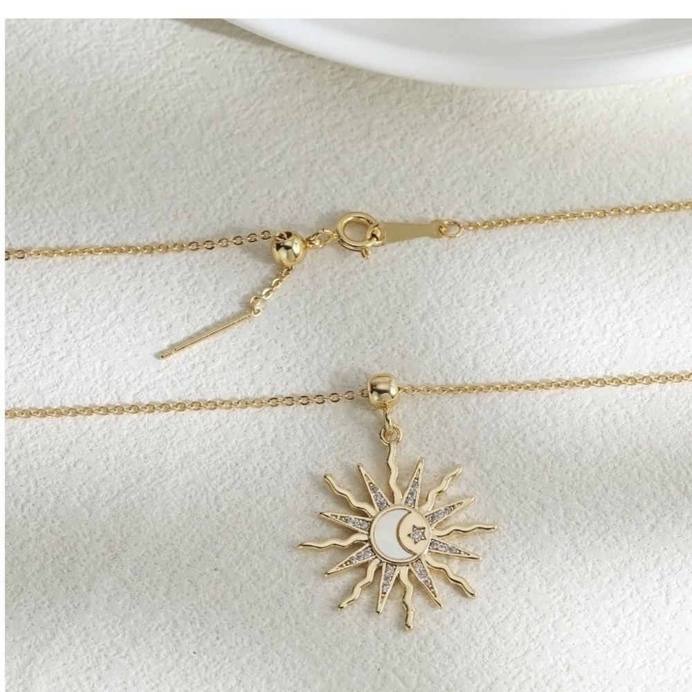 Sun Moon Necklace Womens 14K Gold Plated New Celestial CZ Mother of Pearl - Picture 4 of 5